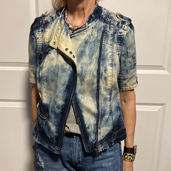 Fantastic retro acid wash or tie dye look guess short sleeve jean jacket size L - Picture 14 of 16